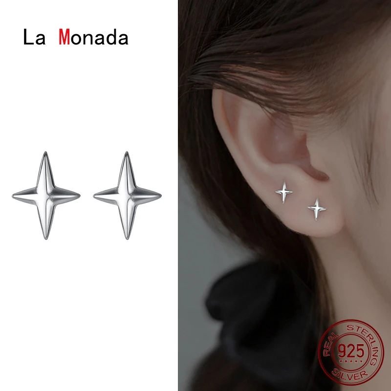La Monada Pendientes de estrella de cuatro puntas Plata de Ley 925 Pendientes pequeños de plata para mujer Pendientes de plata perforados para niñas brillantes