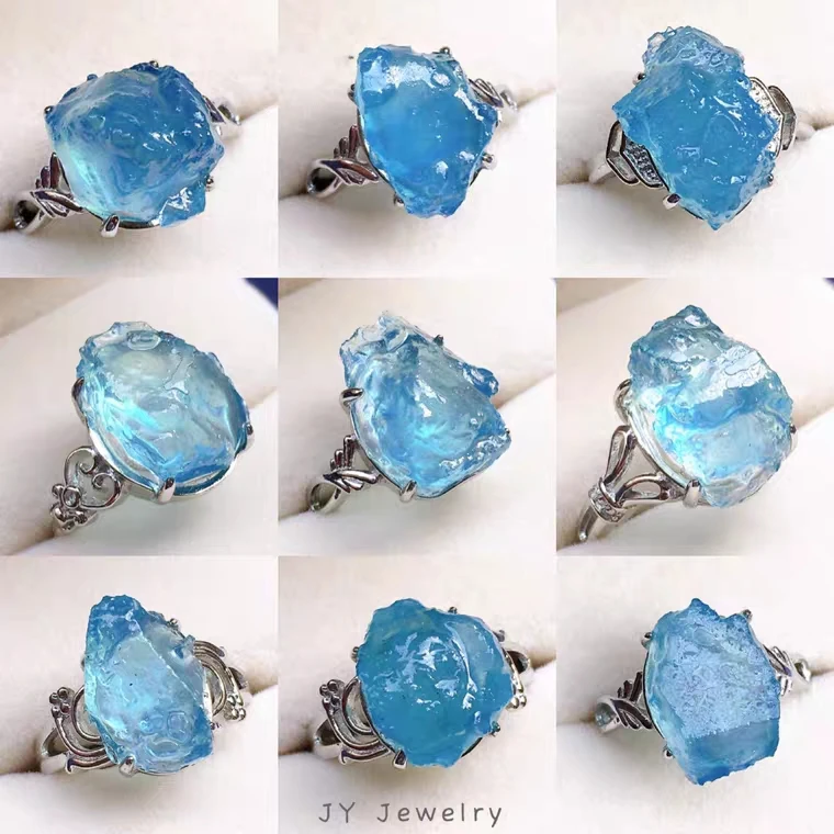 Natural Blue Aquamarine Crystal Adjustable Ring 925 Silver 18x13mm Clear Aquamarine Raw Material Beads Ring AAAAA