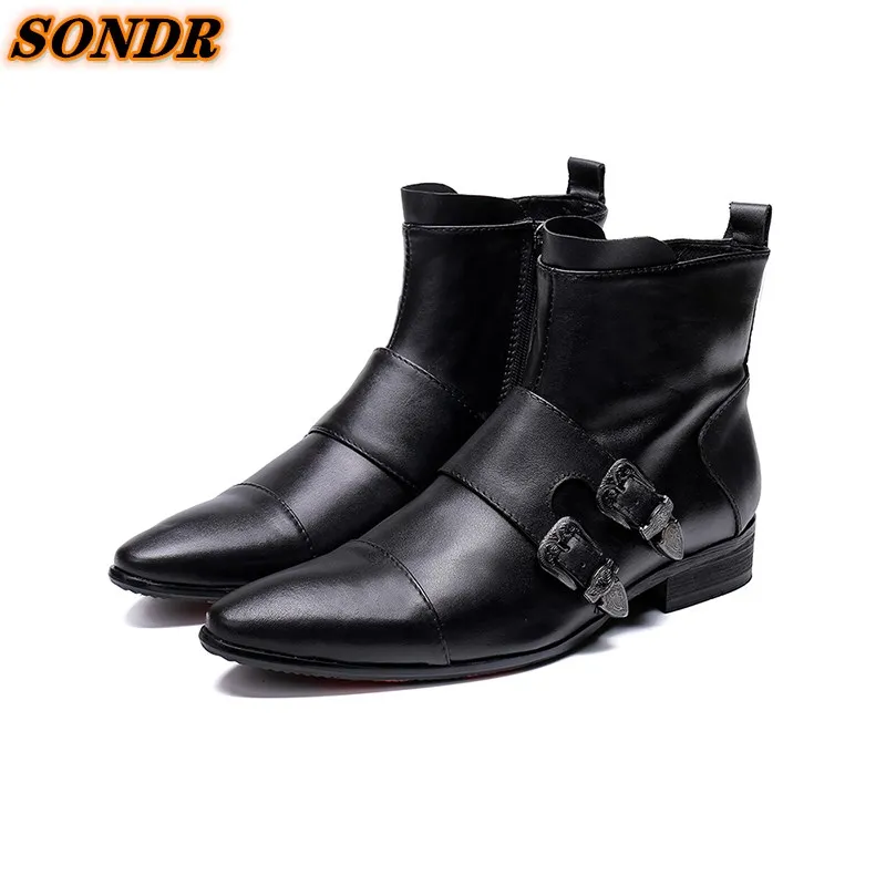 

Zapatos De Hombre Men Genuine Leather Boots Pointed Toe Ankle Boots Strap Double Buckle Strap For Men Zipper Dress Party Shoes