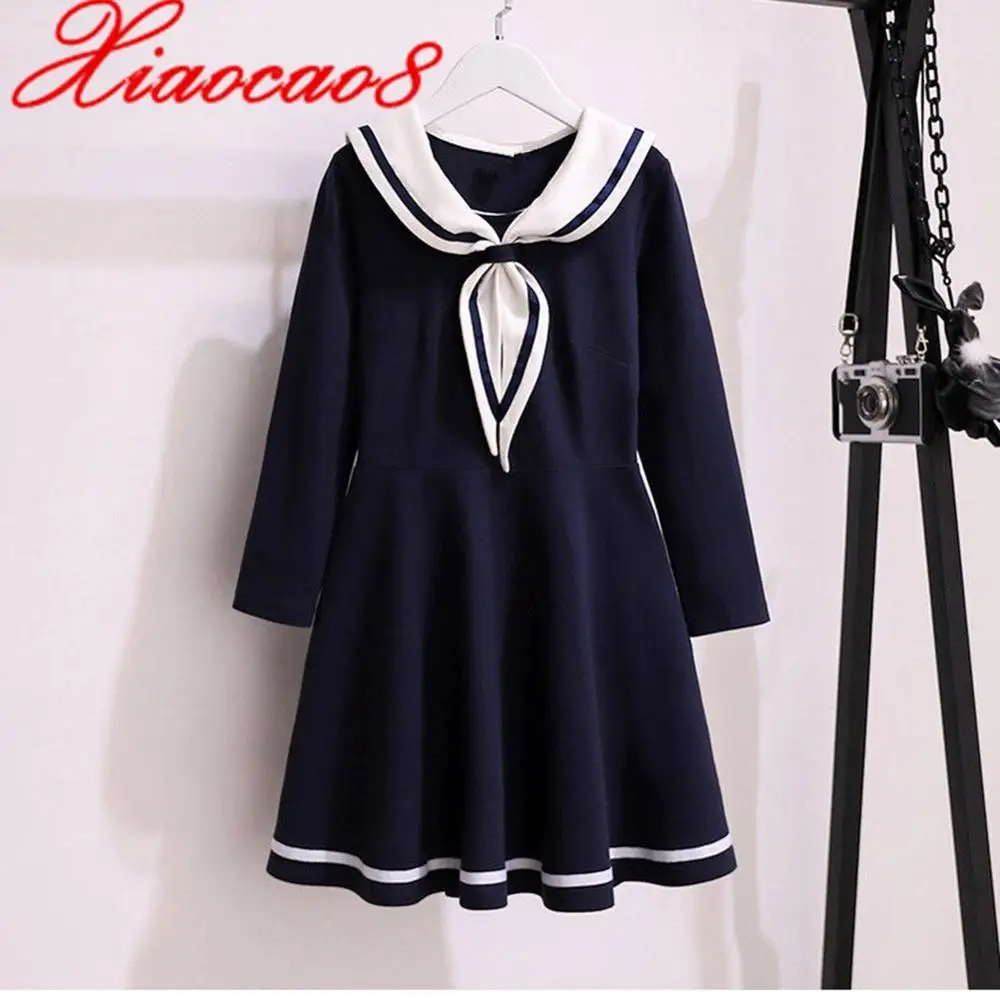 4-14 Years Girls Sailor Collar Dress Kids Toddler Long Sleeve Bow Dresses for Girls Autumn Spring Children Clothing 6 8 10 12 14