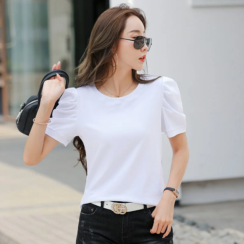 AOSSVIAO Puff Sleeve Basic T-shirt Women Loose Short Sleeve Knitted Tee Shirts Female Solid Tees Ladies Summer Tops Harajuku New