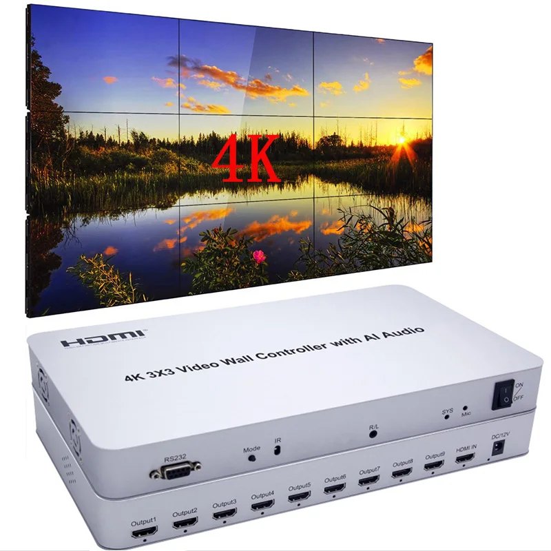 4K 3x3 intelligent voice Video Wall Controller| 9 Channels | 1 HDMI Input & 9 Outputs | 13 Display Modes 2x2,2x3,2x4,3x3,4x1,4x2