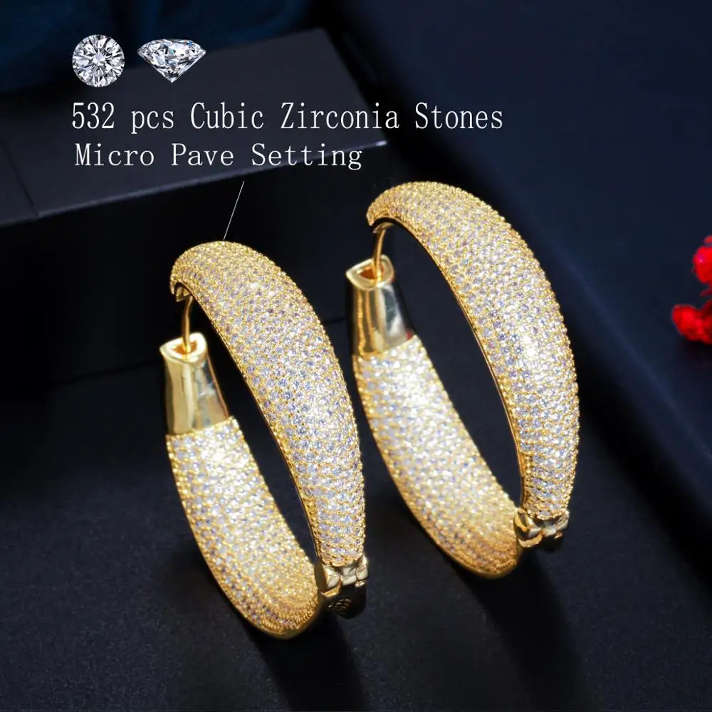 CWWZircons Super Luxury Micro Pave Cubic Zirconia Stone Round Big Gold Plated Hoop Earring for Women Dubai Bridal Jewelry CZ793