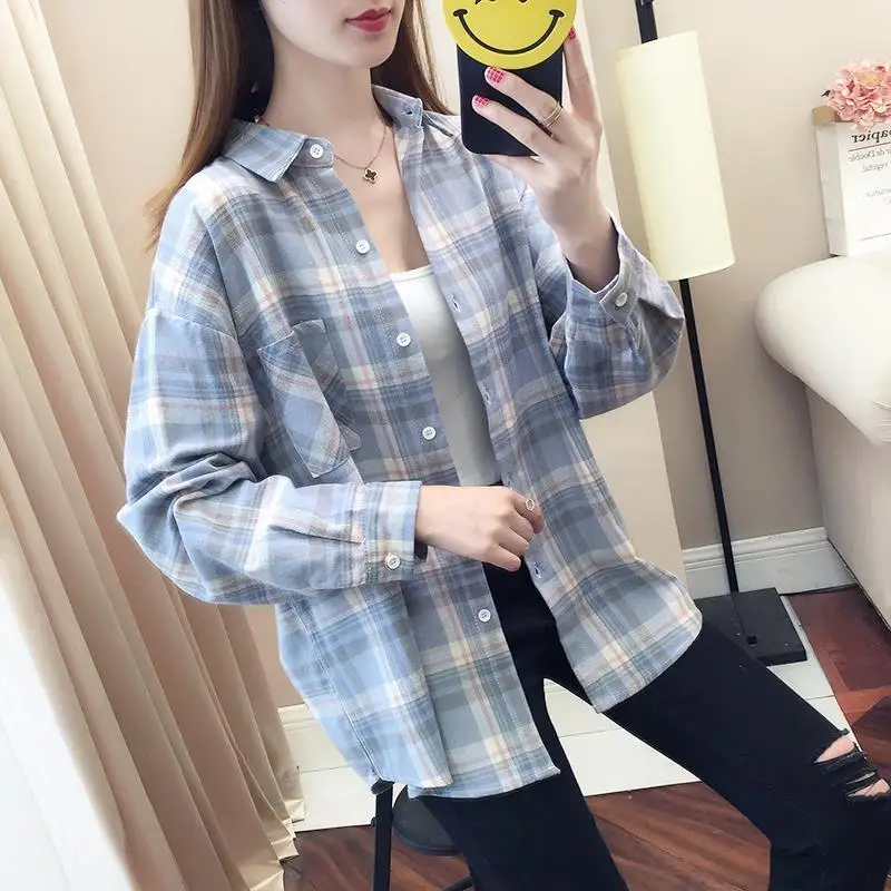 Blouse Women Shirt Spring Summer Plaid Women\'s Long Sleeve Loose Top Shirt Coat Blusas Mujer De Moda