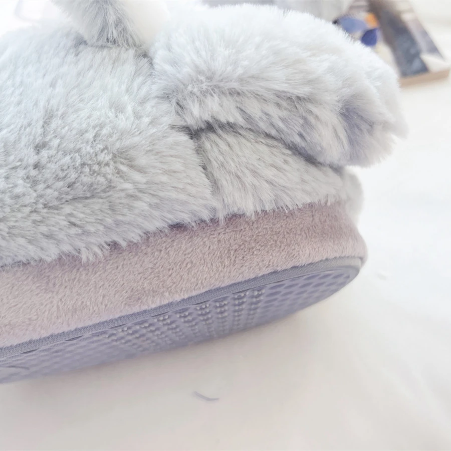 Long Plush Slippers Cute Animal Home Cotton Shoes Woman Girl Warm Winter Indoor Floor Shoes Flat Casual Non-slip Pink Grey