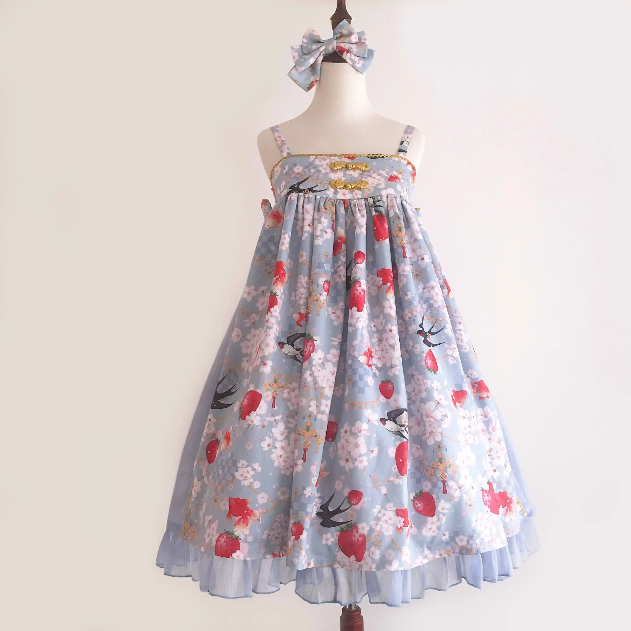 Preppy style student Hanfu retro sweet lolita strap dress vintage  high waist printing victorian dress kawaii girl gothic loli