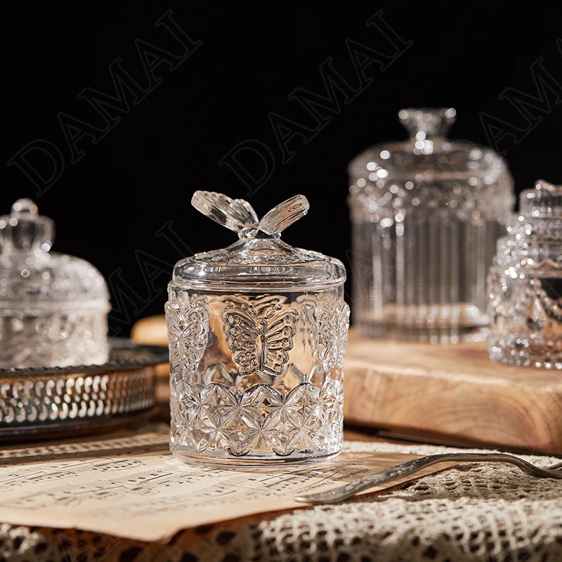 

European Glass Storage Jars with Lid Relief Decorative Cosmetic Container Desktop Candy Jar Cereal Dispenser Home Decoration