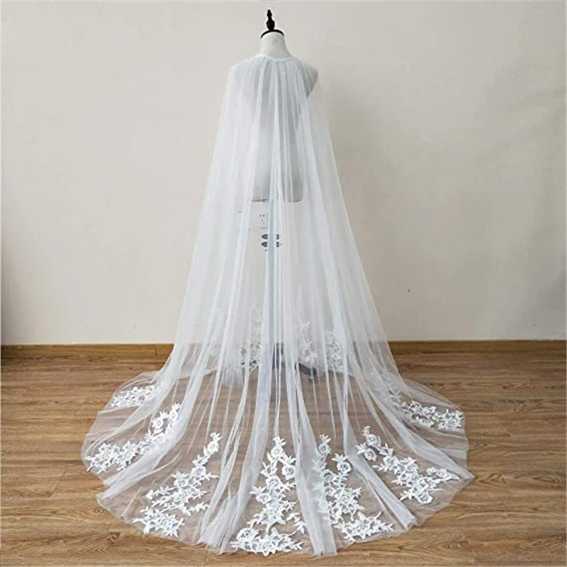 Long White Ivory Bridal Cloak Wedding Cape Veils Floral Lace Tulle Appliques Accessories For Brides 3 Metres New