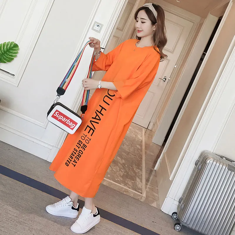 Zomer Koreaanse Stijl Letters Gedrukt Casual Katoenen T-shirt Jurk Vrouwen Losse Womens Midi Jurken Korte Mouw Harajuku Losse