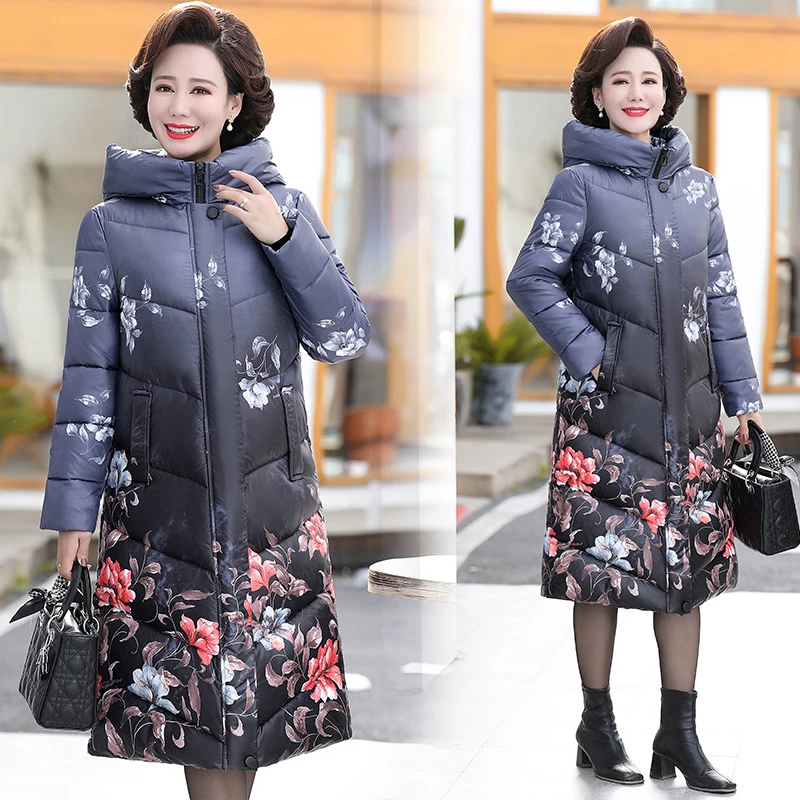 Women Winter Fashion Long Cotton Padded Coats Female Middle-aged Loose Warm Jackets Ladies Printed Hooded Overcoats