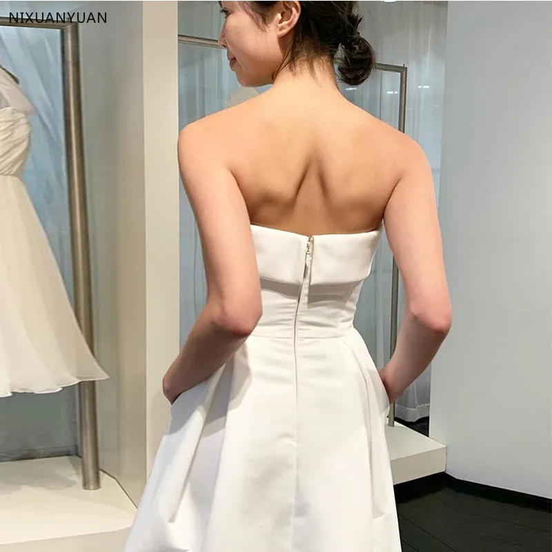 New Arrival Short Summer Wedding Dresses with Pockets Top Quality Satin White Ivory Simple Tea Length Bridal Dress