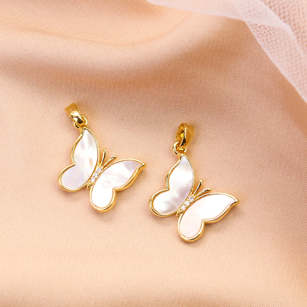 Natural Mother of Pearl Butterfly Charms Inlaid Zircon Gold Plated Animal Pendant Earrings Necklace Women DIY Jewelry Accessory