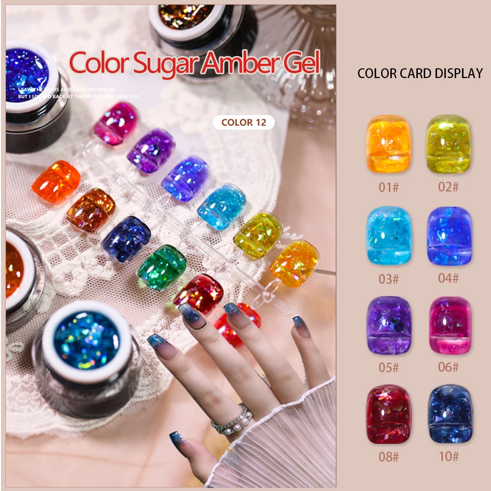 

VDN 10g Colorful Sugar Amber Gel Polish Translucent Manicuring UV LED Crystal Gel Soak Off Jelly UV Gel Nail Polish 12 Colors