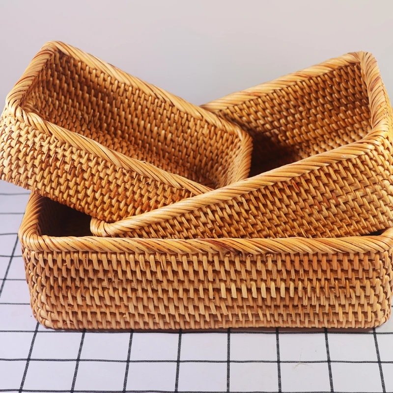 Rectangular Hand-woven Basket Rattan Candy Storage Tray Bread Dish Multipurpose Storage Dustpan wholesales