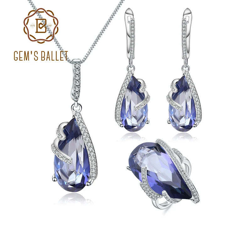 GEM'S BALLET-conjunto de joyería de cuarzo místico azul Natural para mujer, pendientes de plata de ley 925, conjuntos de anillos y colgantes, joyería fina