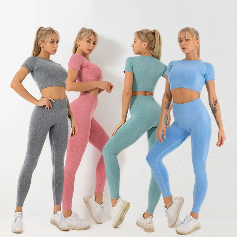 

Womens Yoga Set Seamless Knitted Fitness Sports Solid Color Short Sleeve Trousers Yoga Clothing