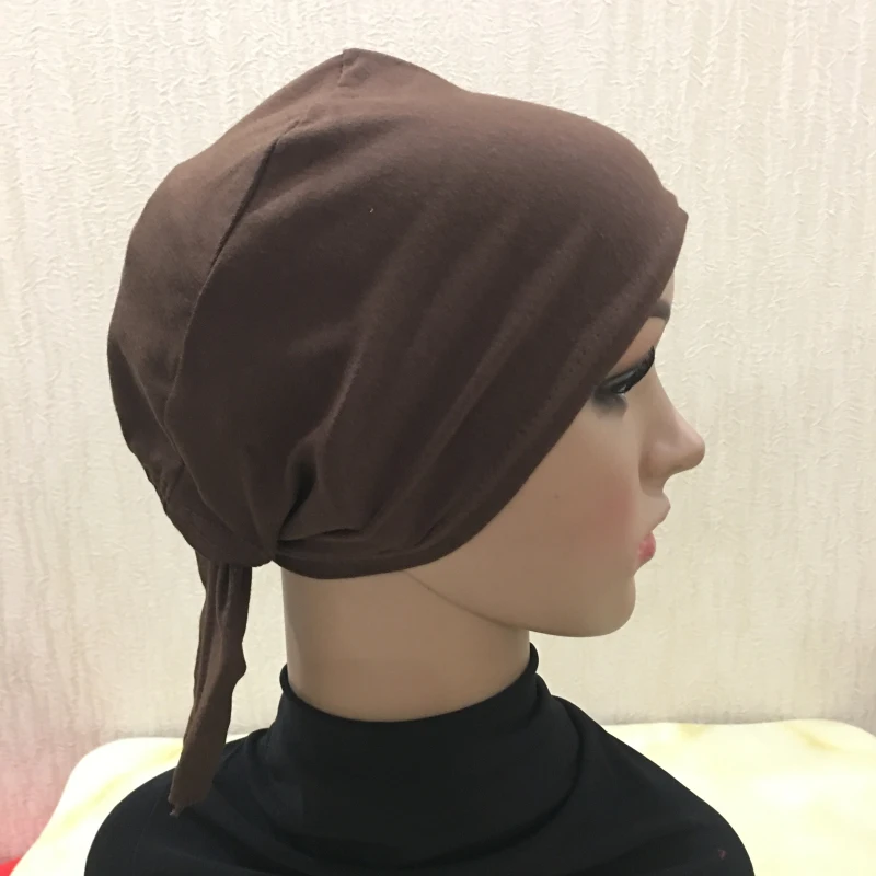 H048 Plain Cotton Tie Back Hats Muslim Turban Pure Color Stretch Inner Hijabs Underscarf Women Head Scarf Under Hijab Bonnet