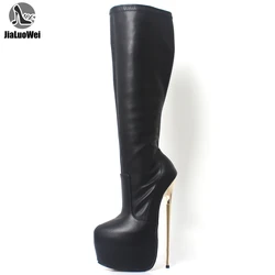 jialuowei Women Platform Boots 22cm Gold Metal Ultra High Heel Knee High PU Leather Zipper Female Shoes Sexy Fetish Boots