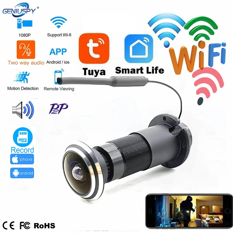 

Tuya Video Audio 1080P HD ON VIF P2P 1.78mm FishEye Lens CCTV Security Peephole Door Eye Wifi Door Peephole Camera TF Card Slot