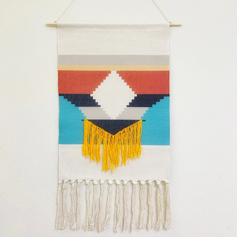 

Home Boho Decor Macrame Cotton rope Handmade Woven Wall Hanging Tapestry geometric printed wall Art cloth tapestry with stick