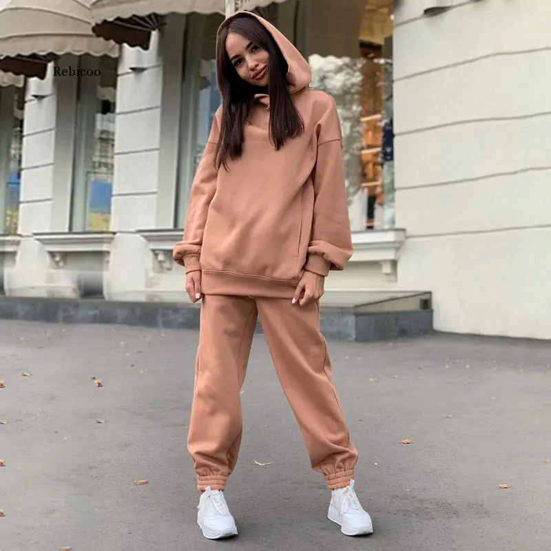 Solid Tracksuit Women Two Piece Set Autumn Winter Clothes Hooded Oversized Sweatshirt Top Sweatpants Sports Jogging Suit Outfits