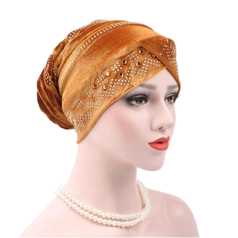 Women Flower Chemo Cap Muslim Hijab Beads Turban Velvet Inner Caps Hat Scarf Wrap Headwear Islamic Headscarf Beanie Bonnet Arab