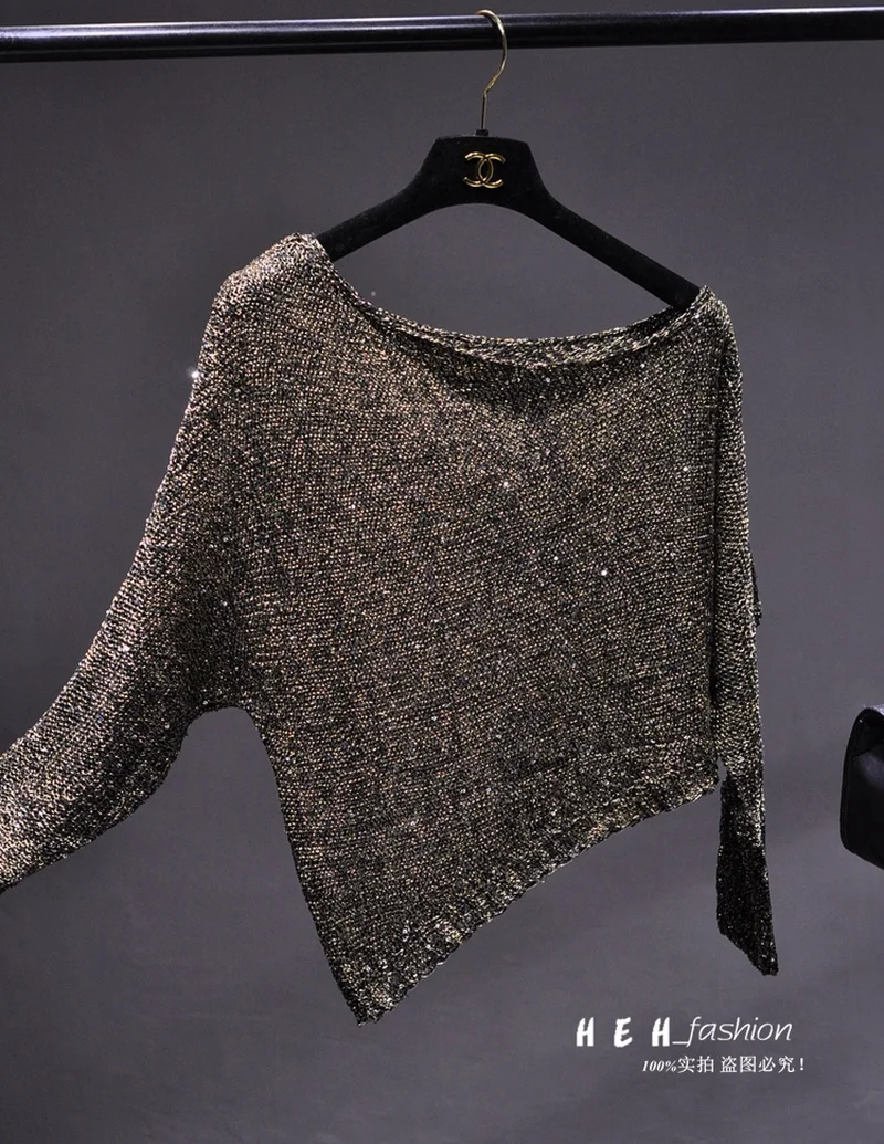 Sequins Inclined Shoulder Off-the-shoulder Sexy Long-sleeved Knitted T-shirt Short Version Sets Bright Gold Silk Blouse Fall