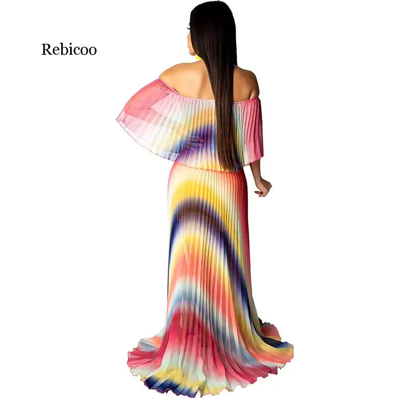 Rebicoo plissado chiffon feminino verão vestido de praia boho arco-íris gravata corante impressão grande swing strapless plissado longo midi maxi vestido