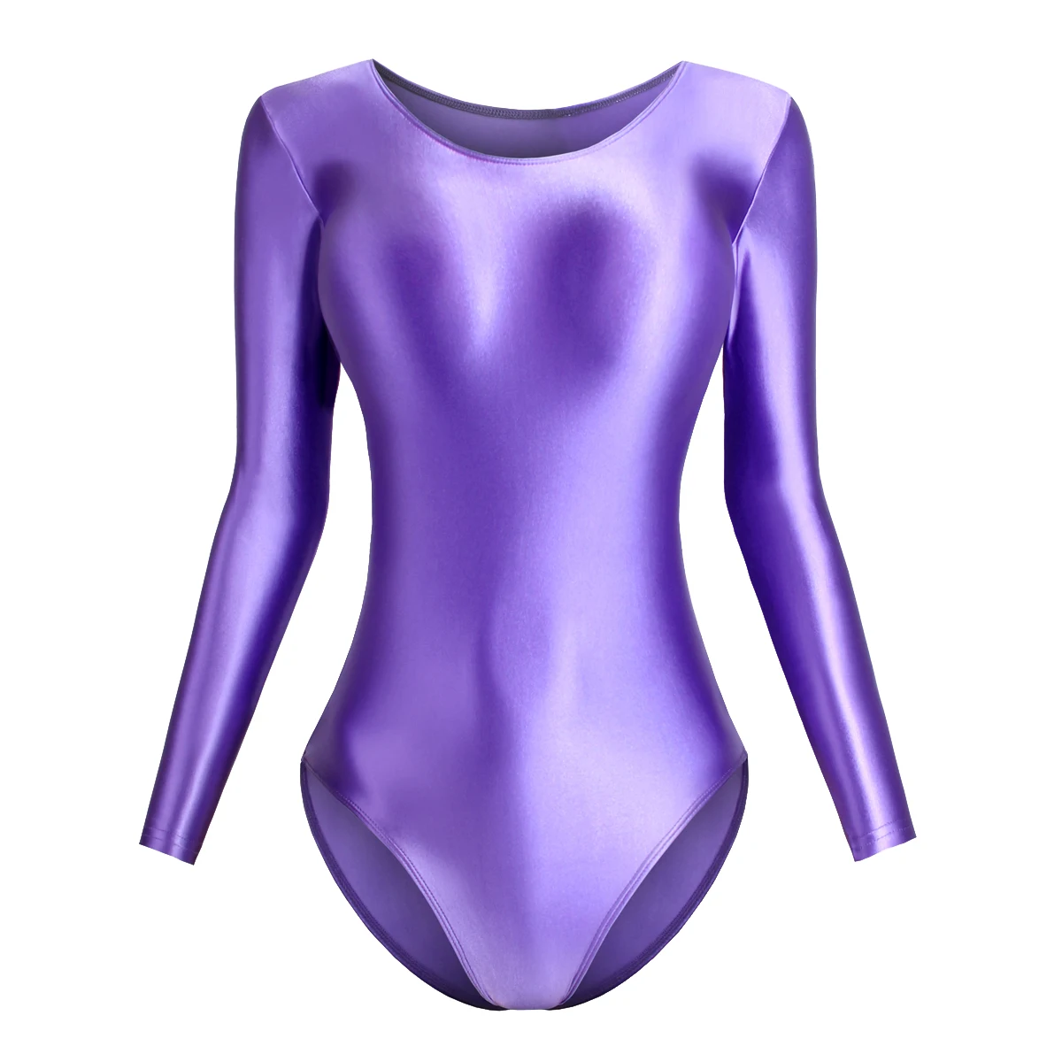 MJINM High-Waisted Women's Swimsuit Shiny Glossy Long Sleeve Solid Color T-Shirt Leotard One Piece Swimwear Bodysuit Sexy Tights