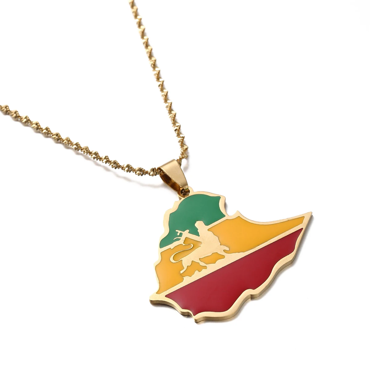 Stainless Steel Ethiopian Flag Lion Map Pendant Necklace Women Men Trendy Ethiopia Lion Chain Jewelry