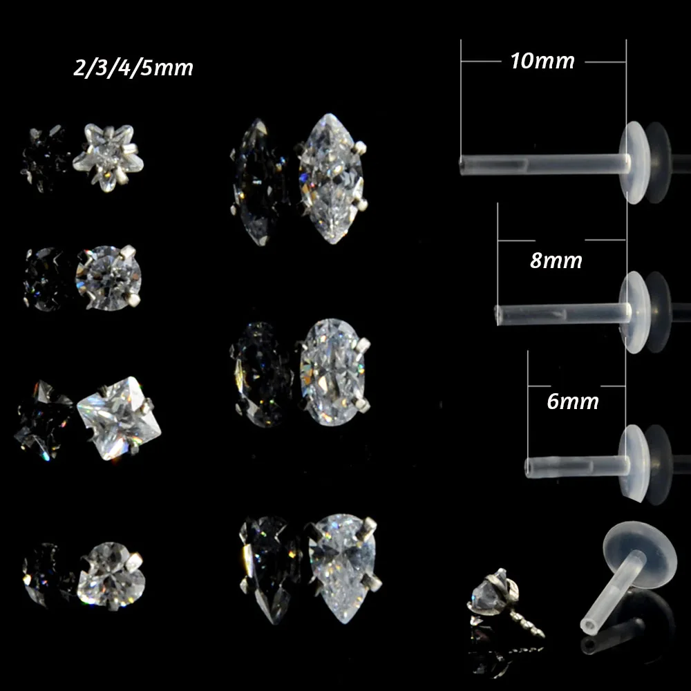 1Pc Bioplast Flexible 16G  6/8mm Ear Cartilage Tragus Piercing Body Jewelry Push-in Labret Lip Stud with Press Fit Steel Zircon