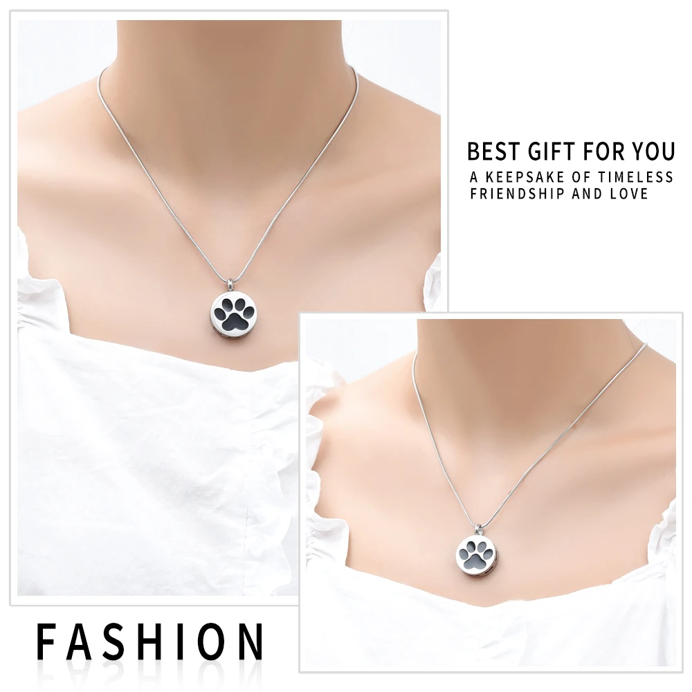 Cremation Urn Necklace For Ashes Black Paw/White Paw/Blank Stainless Steel Round Memorial Pendant Jewelry secret  stash