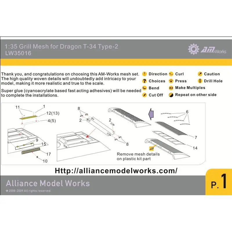 AM-WORKS LW35016 1/35 Grill Mesh for Dragon/Tamiya T-34 Type II - Upgrade Detail Set