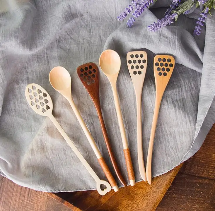 Wooden Honey Coffee Spoon Long Mixing Scoop Bee Tool Honey Stirrer Stick Dipper Wood Carving Honey Stirring Spoon SN757