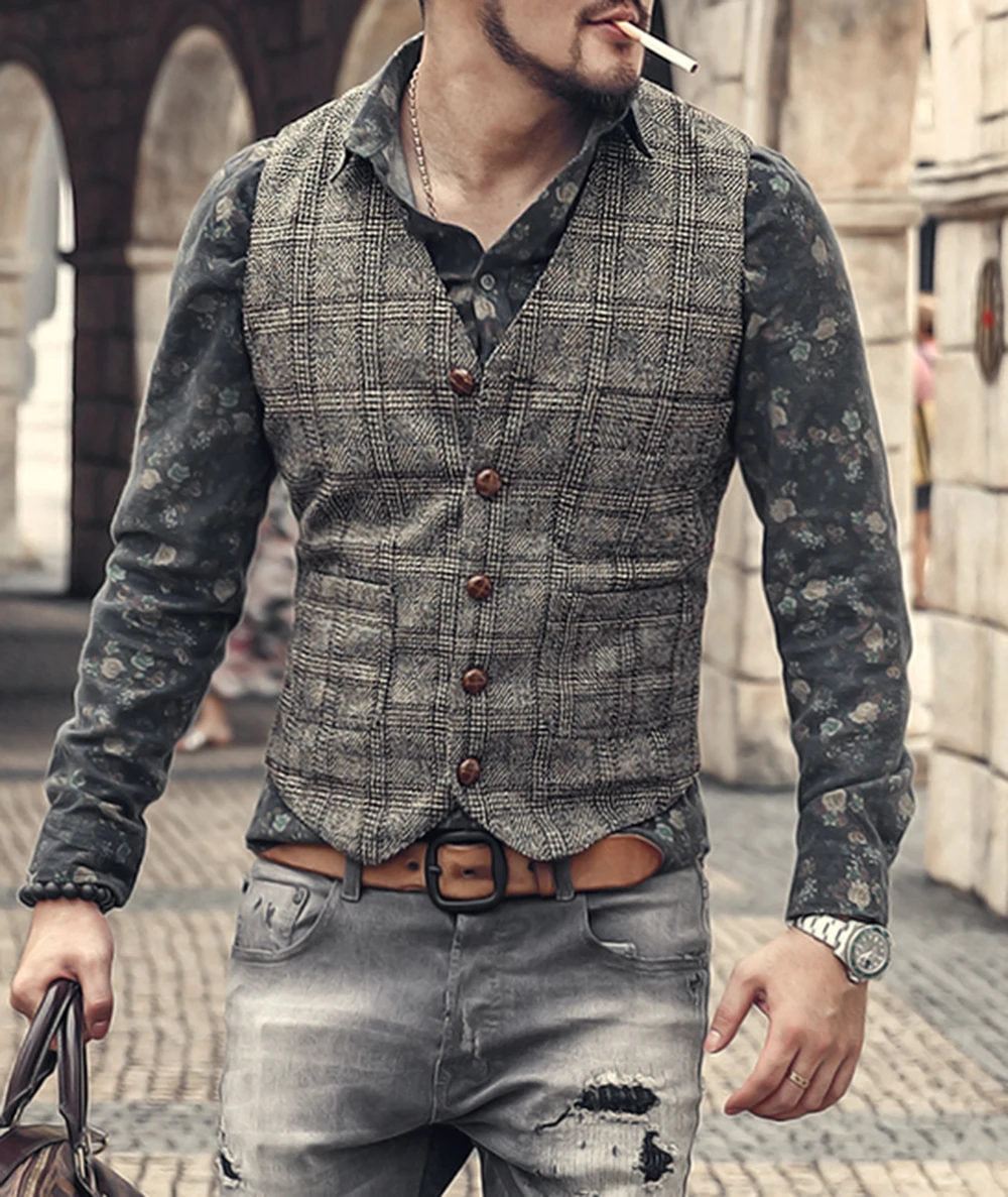 Mens Vintage Business Vest Plaid Classic Coat Tweed Slim Fit Formal Waistcoat for Wedding Groomsmen