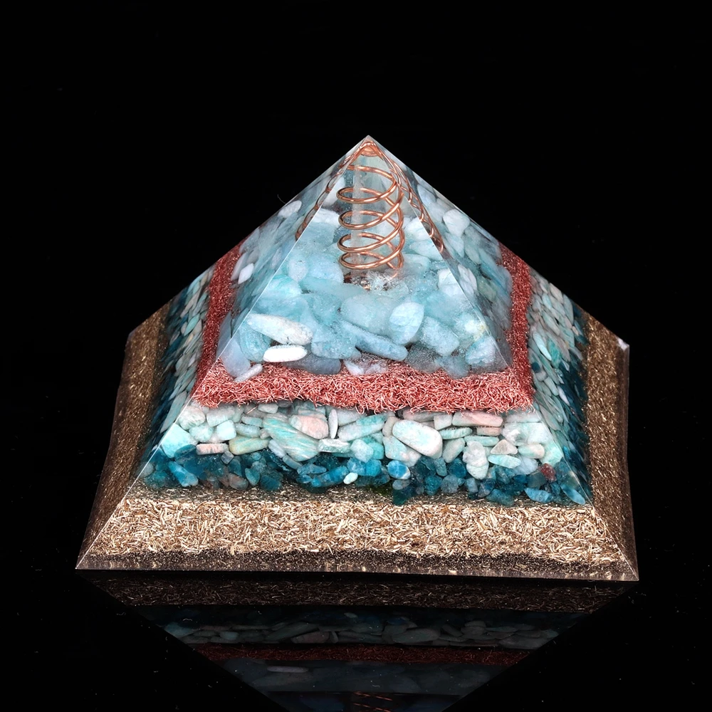 Orgone Pyramid Energy Generator for Healing Throat Chakra -Amazonite Blue Apatite Aquamarine Orgonite Pyramid for EMF Protection