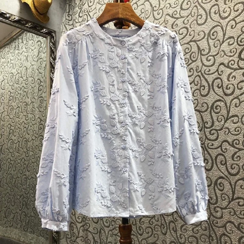 100%Cotton Shirts 2022 Spring Summer Fashion White Blue Blouses Women Appliques Embroidery Long Sleeve Casual Button Shirts