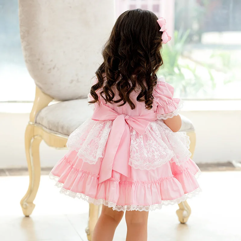 Summer New Spanish Lolita Princess Ball Gown Short Sleeve Lace Stitching Birthday Party Easter Dresses For Girl 12M-6T  A275