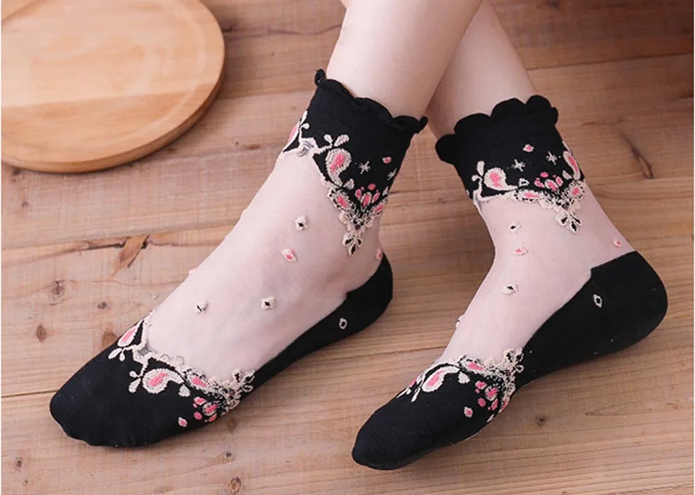 Womens 5 Pairs Ultrathin Transparent blue Purple Pink Black Cotton Flower Lace Elastic Short Socks C1S8