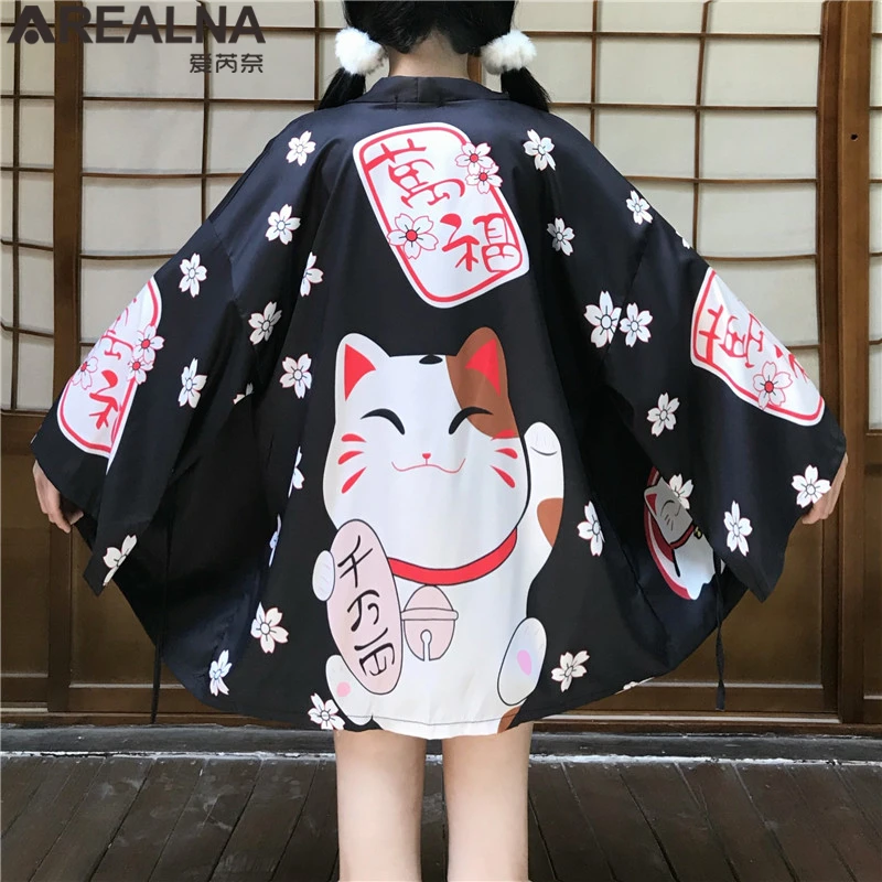 

Japanese Kimono Traditional Anime Lucky Cat Women Cardigan with Blet Dress Summer Beach Yukata Man Female Korean Cosplay Clothes