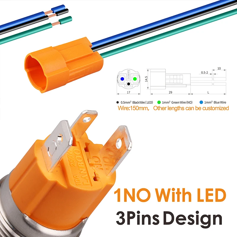 LANBOO Factory 16mm 19MM High current 10A high-power 12V 24V 220V LED light latching momentary self-lock push button switch