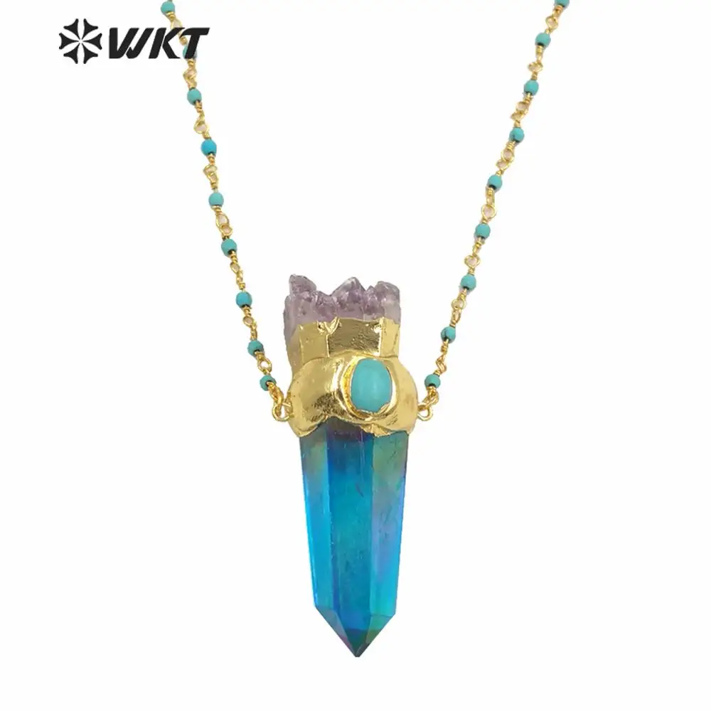 

WT-n1252 Amazing colorful stone beads necklace fashion gold electroplated Aura spirit quartz healing necklace