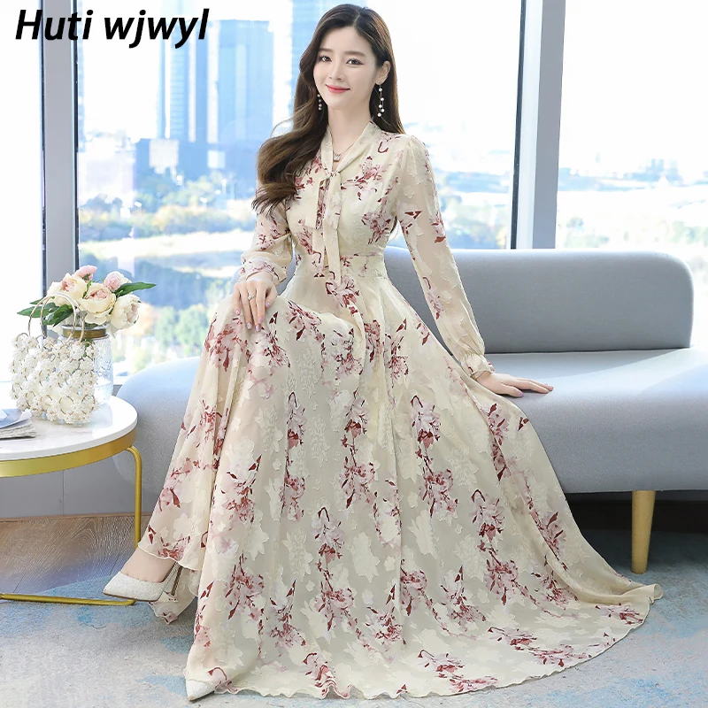 2024 new Floral Chiffon Boho Beach Maxi Dress Spring Autumn Vintage Luxury Evening Midi Dress Women Bodycon Party White Vestidos