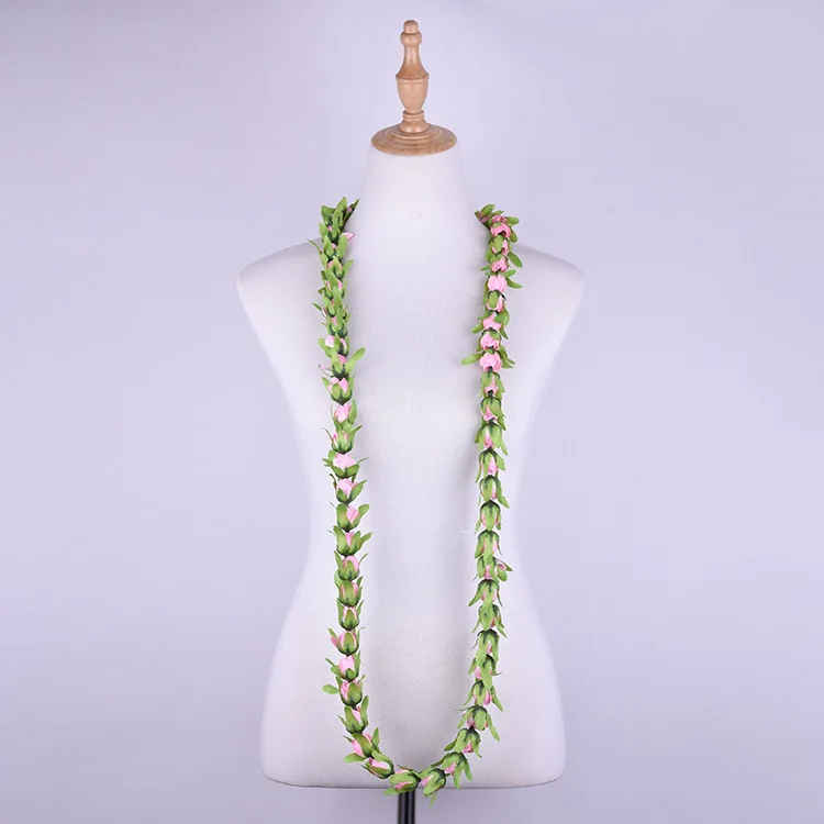 Free Shipping 50PCS/lot CH0239-1 5Color 150CM Artificial Velvet Rosebud Lei W Green Leaves Hawaii Flower Necklace Wholesales