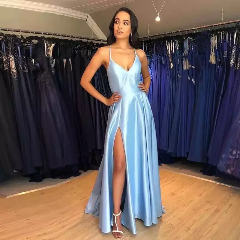 Simple Long Evening Dress Light Sky Blue Satin Vestido De Noite Crisscross Back Women Occasion Formal Evening Party Gowns