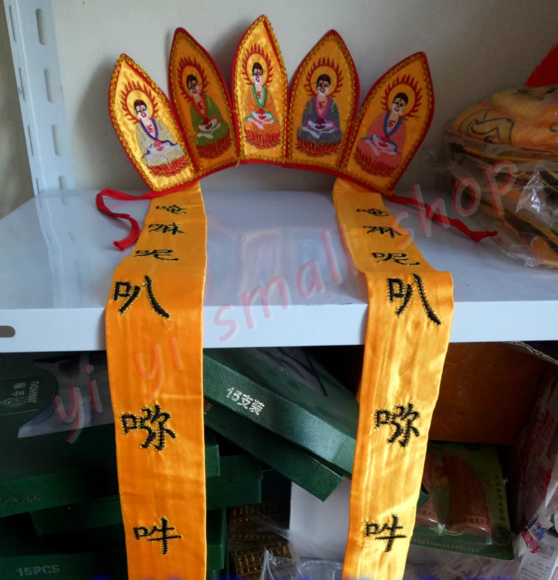 Five Buddha Crown, Fine Embroidery, Dharma Hat, Buddha Hat, High-Quality Ribbon, Buddhist Products