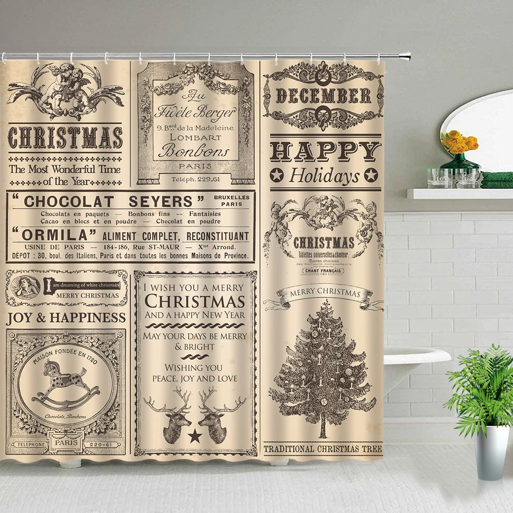 Christmas Retro Old Historic Newspaper Shower Curtain Christmas Tree Elk Deer Printing Cloth Curtains Waterproof Bathroom Decor