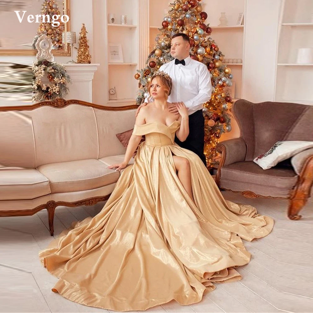 

Verngo Sparkly Gold Champagne A Line Long Evening Dresses For Mother And Daughter Off the Shoulder Prom Gowns Court Train