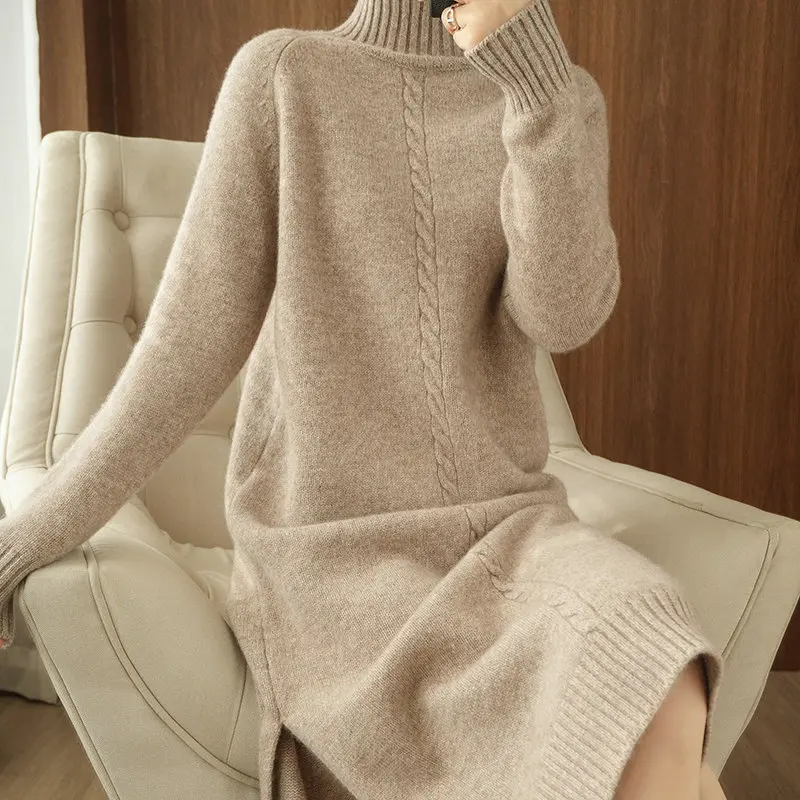 

2020Thick Dress Warm 100%Wool Long Sweater Women Autumn Winter High-Neck Over-The-Knee Cashmere Knit Dress Large Size Base Shirt