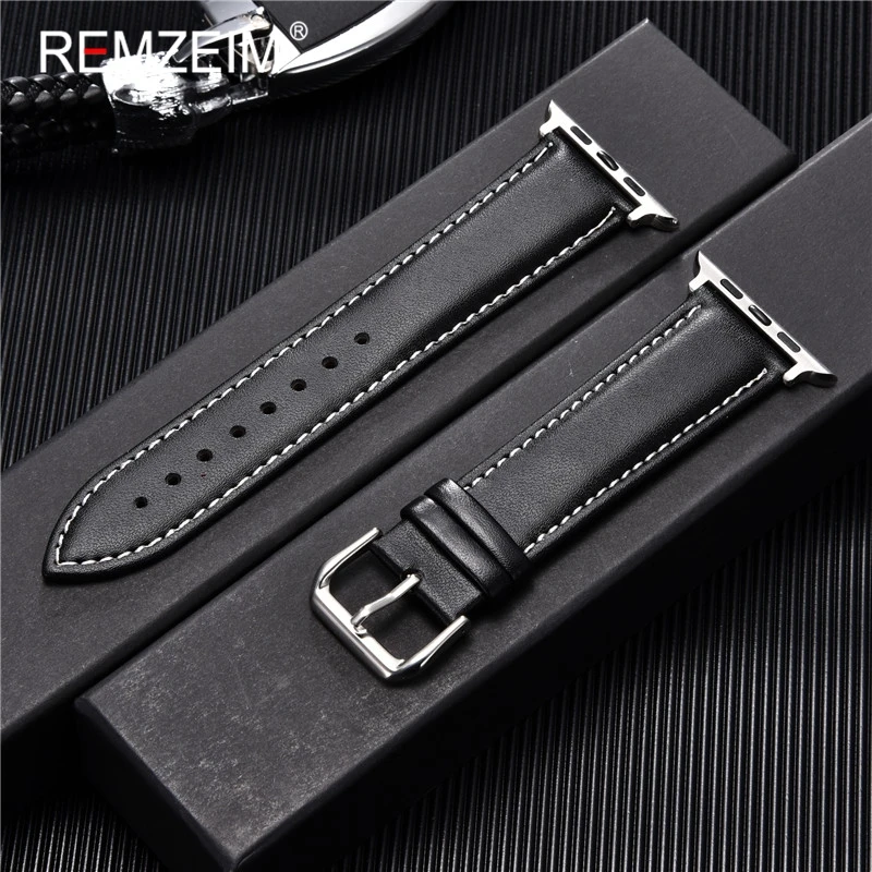 REMZEIM Calfskin Leather Watchband for Apple Watch Band Series 8/7/6/5/4/3 Sport Bracelet 42mm 38mm 45mm 44mm 40mm Brown Black